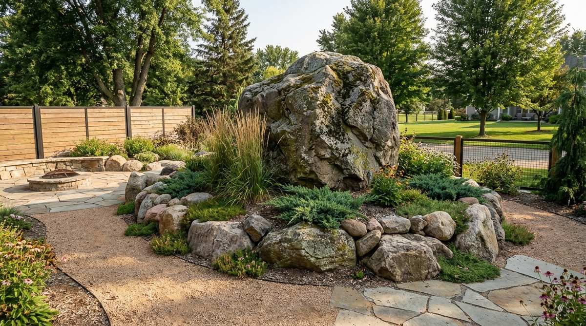A large monolithic boulder used as a sculptural element and planting anchor in a contemporary garden, with smaller stones clustered asymmetrically around it to create a natural outcropping effect.