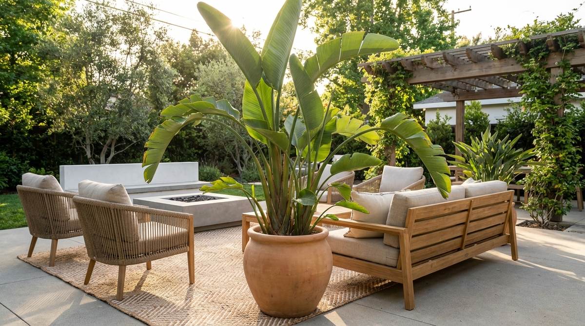 A large-leafed tropical plant, such as a Monstera or Bird of Paradise, serving as a dramatic focal point in modern boho decor. Its bold, architectural foliage provides organic sculpture that complements clean modern furniture, positioned to be appreciated from multiple angles.
