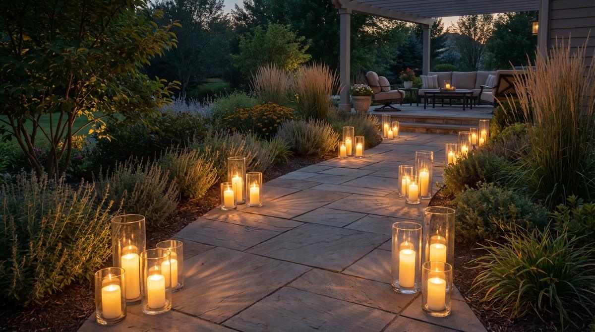 A winding garden path elegantly lined with glass hurricanes containing battery candles, creating atmospheric lighting that grazes foliage and hardscape. Staggered placement mimics natural firefly clusters, using warm white light for flattering photos. This versatile outdoor decor setup is perfect for Halloween ambiance and can be repurposed for winter or everyday patio lighting.
