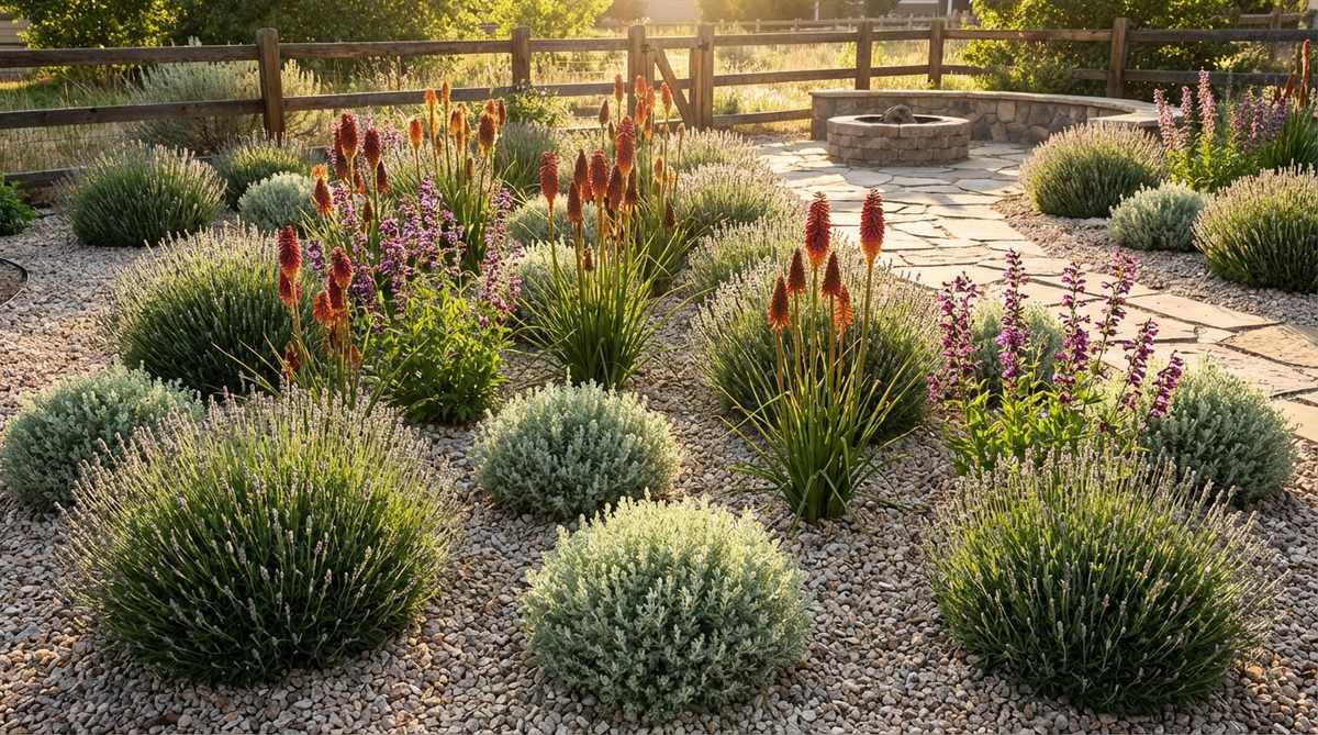 A dynamic gravel garden scene featuring rounded lavender or santolina mounds contrasted with vertical beardtongue or red-hot poker flower spikes, creating dramatic silhouettes when backlit. The composition includes mounded forms planted on 24-30 inch centers as a foundation layer, with upright accent plants inserted at irregular intervals for a balanced, asymmetrical design.