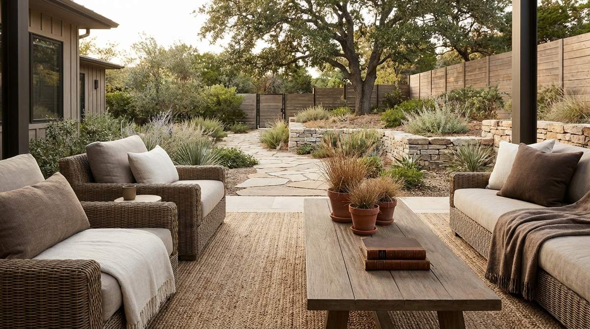 A monochromatic palette of layered neutrals from off-white to dark brown, showcasing textures like smooth leather, rough jute, soft linen, grainy wood, and woven rattan in modern organic interiors.