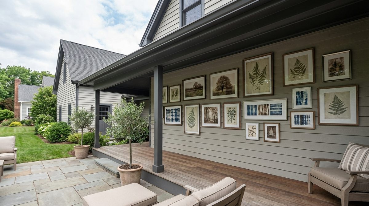 A weather-resistant outdoor gallery wall featuring framed botanical prints, landscape photography, or abstract paintings arranged in salon-style clusters under eaves or in covered porches for protection, using sealed prints behind acrylic glazing to prevent breakage and reduce weight.
