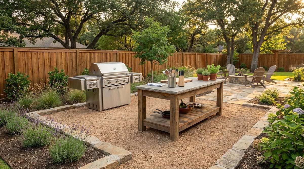 A level gravel foundation supporting an outdoor kitchen setup with a freestanding grill and prep table, framed by landscape timbers or stone edging. The crushed rock base provides stability and drainage while resisting grease stains.
