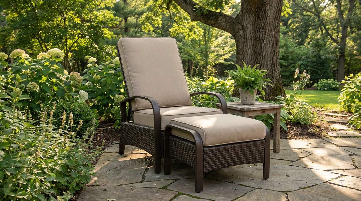 A comfortable outdoor recliner with integrated footrest, designed for extended relaxation in garden settings. Features weather-resistant construction, smooth reclining mechanism, and cushioned surfaces for optimal comfort and improved circulation.