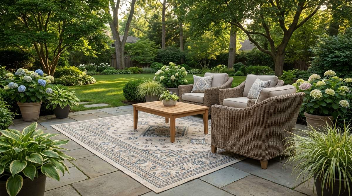 A weather-resistant outdoor rug anchoring a cozy garden seating arrangement on a patio, with furniture properly positioned on the rug to prevent catching edges. The polypropylene material resists mildew and fading while defining activity zones in the garden space.