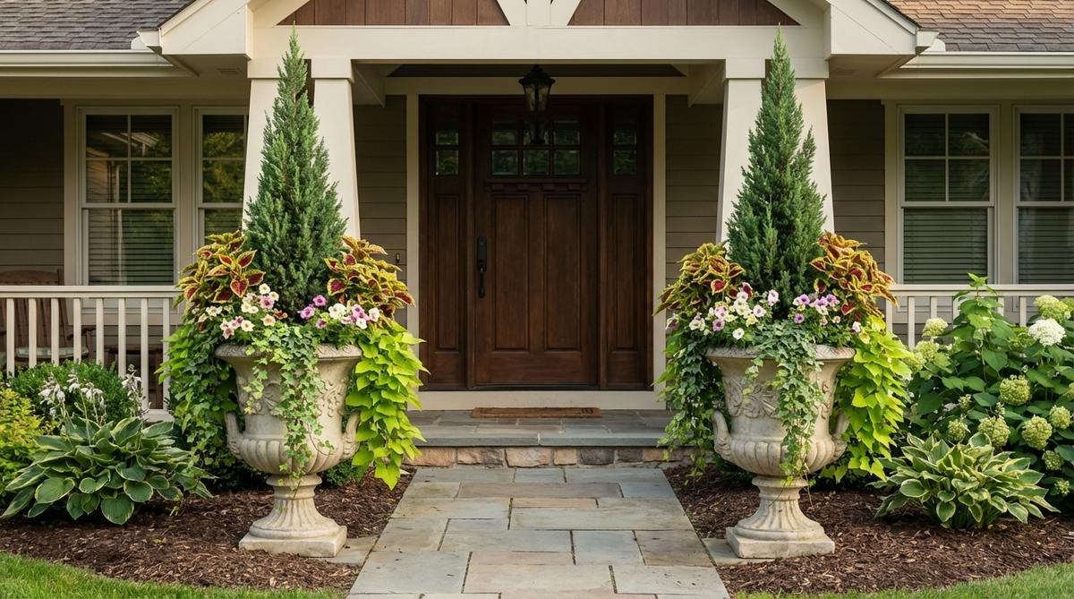 Large symmetrical container planters framing a front entryway with thriller-filler-spiller plant combinations in substantial pots for dramatic garden design