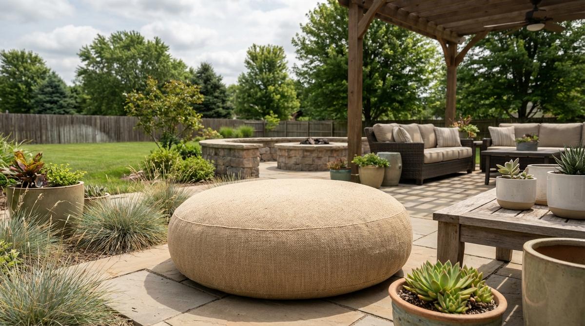 A large square or round floor cushion in weather-resistant fabric, ideal for creating casual low-level seating in bohemian decor. This oversized pouf makes a bold statement while providing flexible seating options for relaxed gatherings.