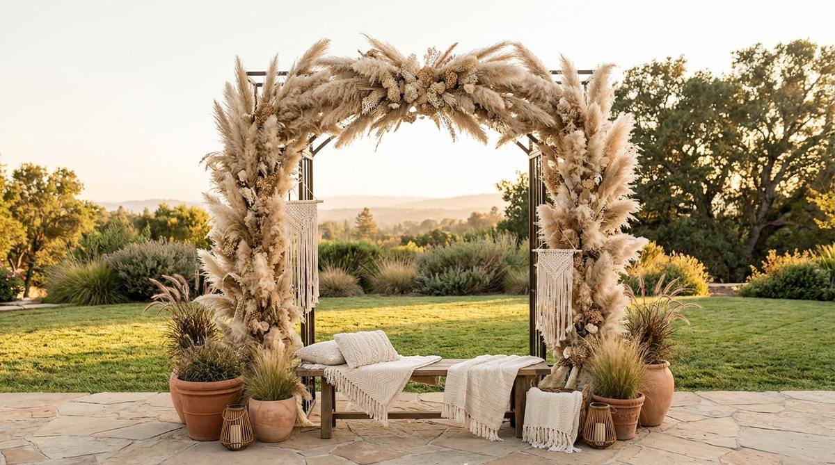 A dramatic freestanding arch made from a metal frame and densely packed pampas grass, serving as a neutral-colored photo backdrop for boho decorations at parties. Ideal for capturing couples or small groups against garden or sunset views.