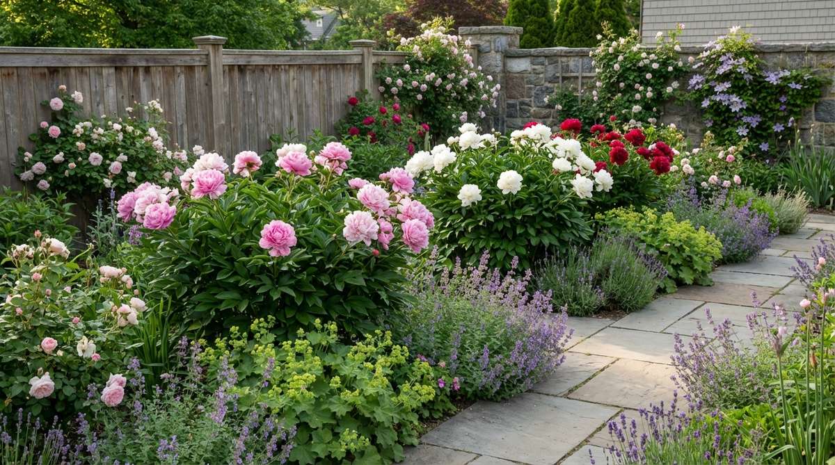 Herbaceous peonies forming substantial 3-foot mounds with glossy foliage and spectacular early summer blooms, anchoring mid-border positions in cottage garden design with minimal maintenance requirements.
