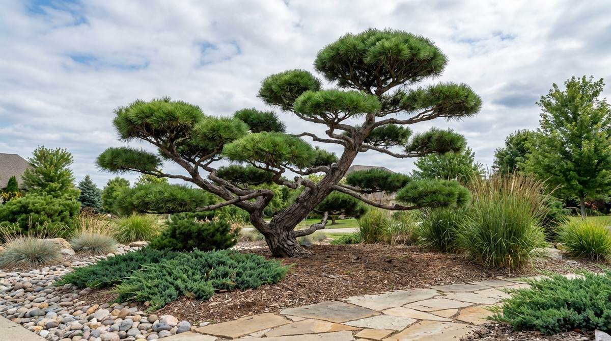 A sculptural Japanese black pine or white pine trained using niwaki techniques, featuring distinct cloud-like foliage formations separated by visible trunk and branch structure. The tree's dramatic silhouette resembles ancient windswept trees and serves as a year-round focal point in Japanese garden design.