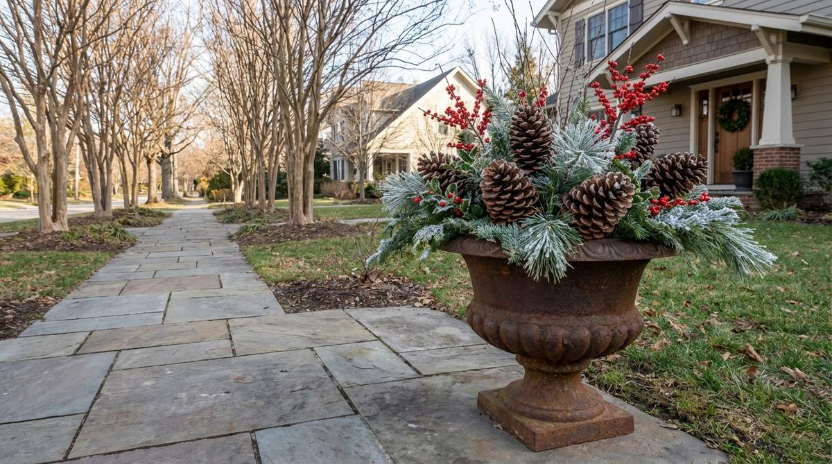 Large outdoor urns or planters filled with pinecones and topped with evergreen sprigs and berry stems, creating a natural Christmas decoration with visual texture and color contrast.