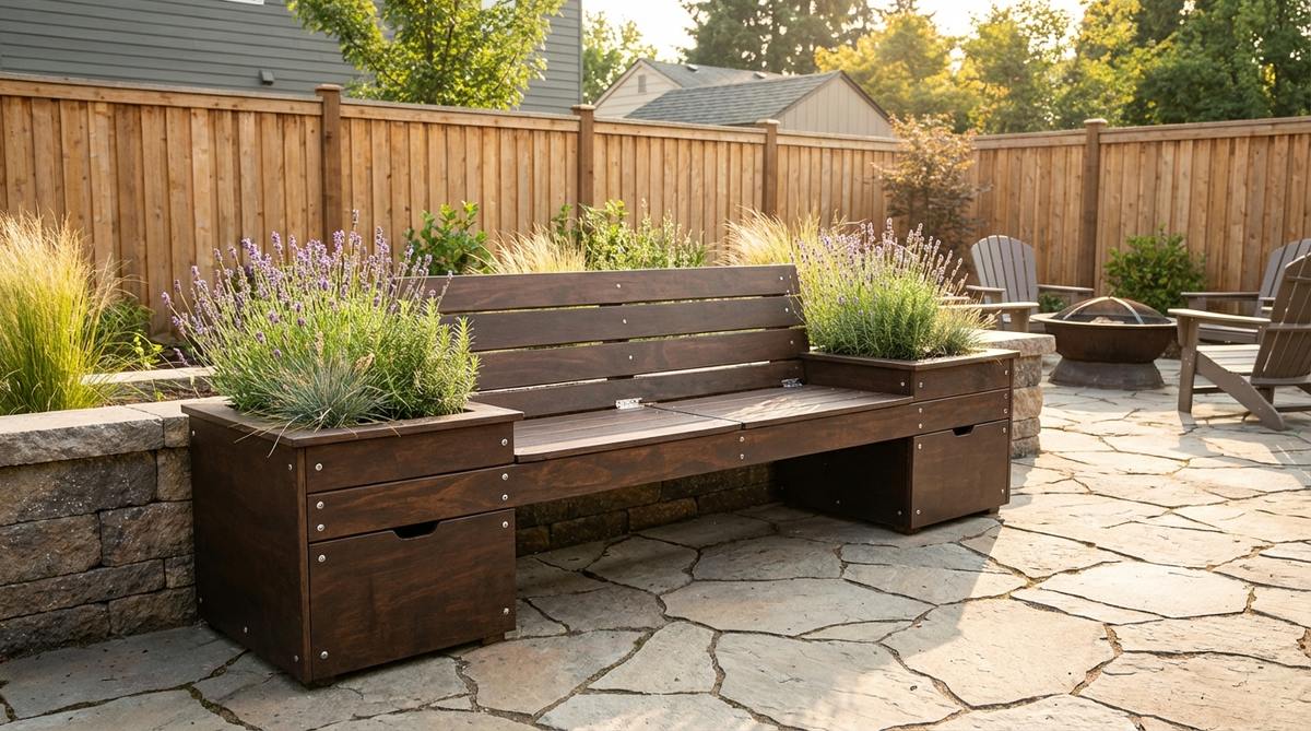 A custom-built bench with integrated planter boxes on each side, combining seating, storage, and growing space in a single footprint. Made with marine-grade plywood and stainless fasteners for durability, ideal for defining outdoor rooms in small yards.