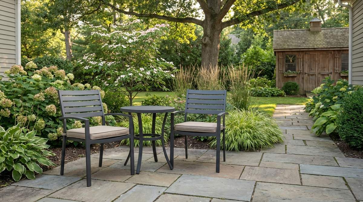 A lightweight powder-coated aluminum bistro set for small gardens, featuring durable frames that resist corrosion and easy rearrangement for optimal sun exposure.