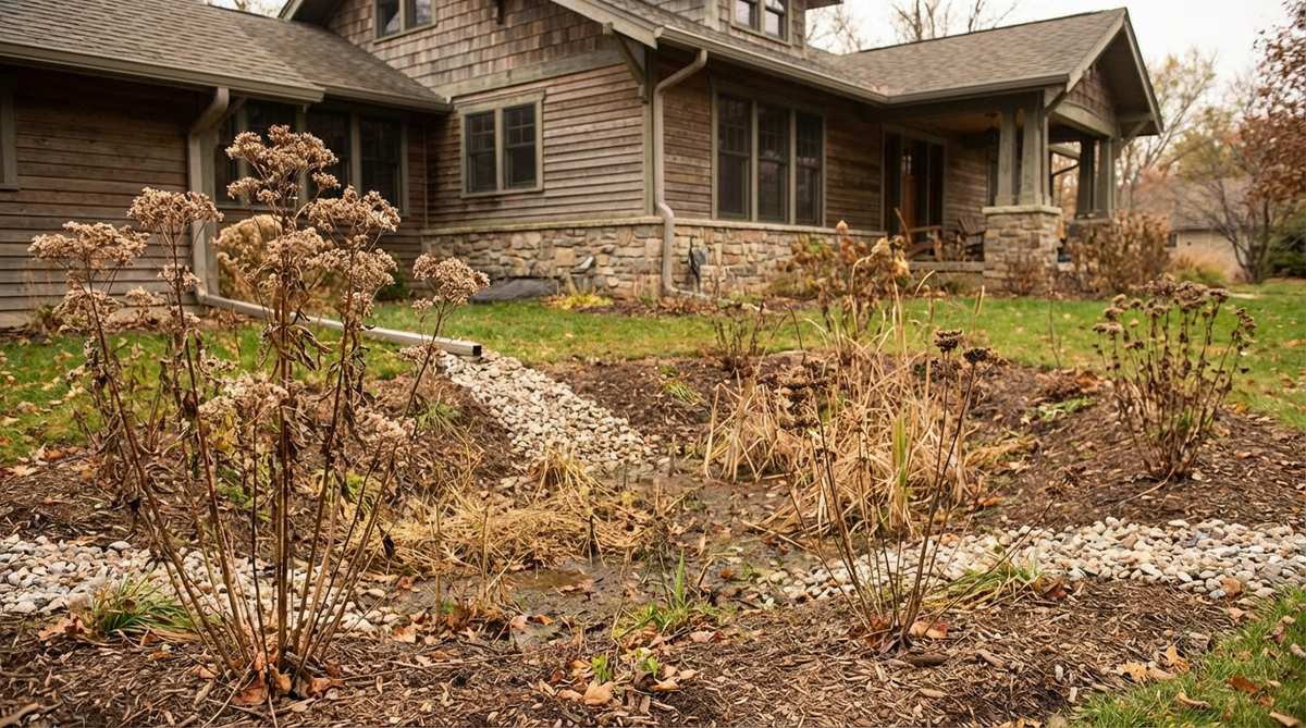 A shallow depression garden basin capturing roof runoff, featuring native moisture-tolerant perennials like Joe Pye weed and swamp milkweed. Gravel channels direct water flow into the planted area, creating a functional landscape that manages stormwater while supporting pollinators. The scene shows seasonal aesthetic shifts with seed heads providing food for overwintering birds.