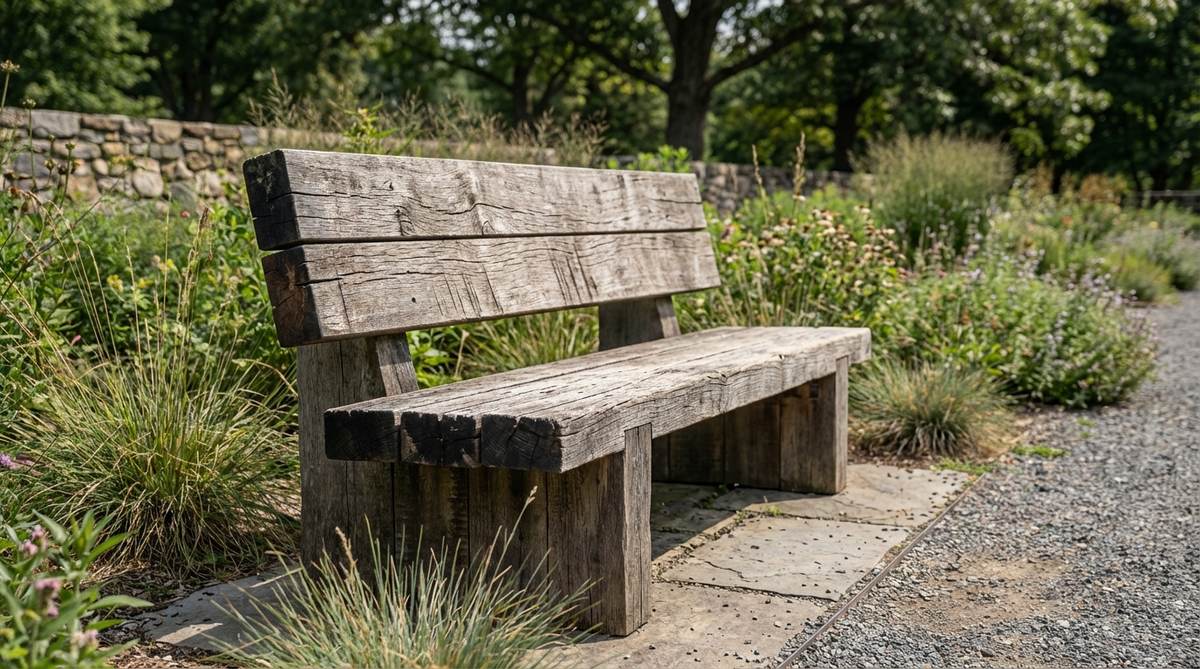 A rustic garden bench made from reclaimed barn wood, showing weathered surfaces and historical character, with eco-friendly preservation treatment visible on the cut ends.