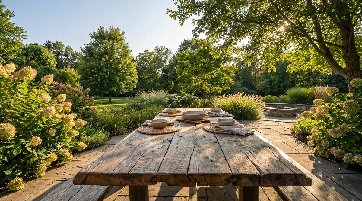 A rustic reclaimed wood outdoor dining table with weathered brown and gray tones, visible wood grain, and natural edges, showcasing the imperfect organic quality essential to Afro Boho decor.