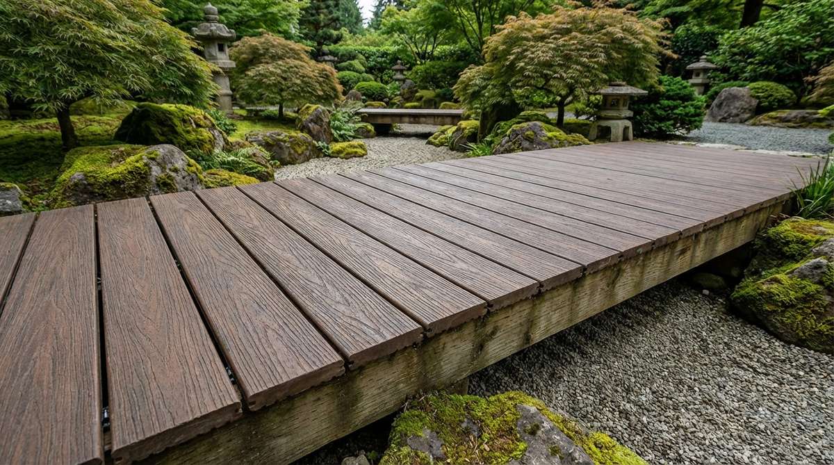 A detailed view of recycled composite decking boards used in a Japanese garden bridge, showcasing their realistic wood grain texture and durable construction. The composite material, made from recycled plastics and wood fibers, provides weather resistance and low maintenance while maintaining authentic appearance. Installation shows proper framing with treated lumber and color matching to traditional wood species.