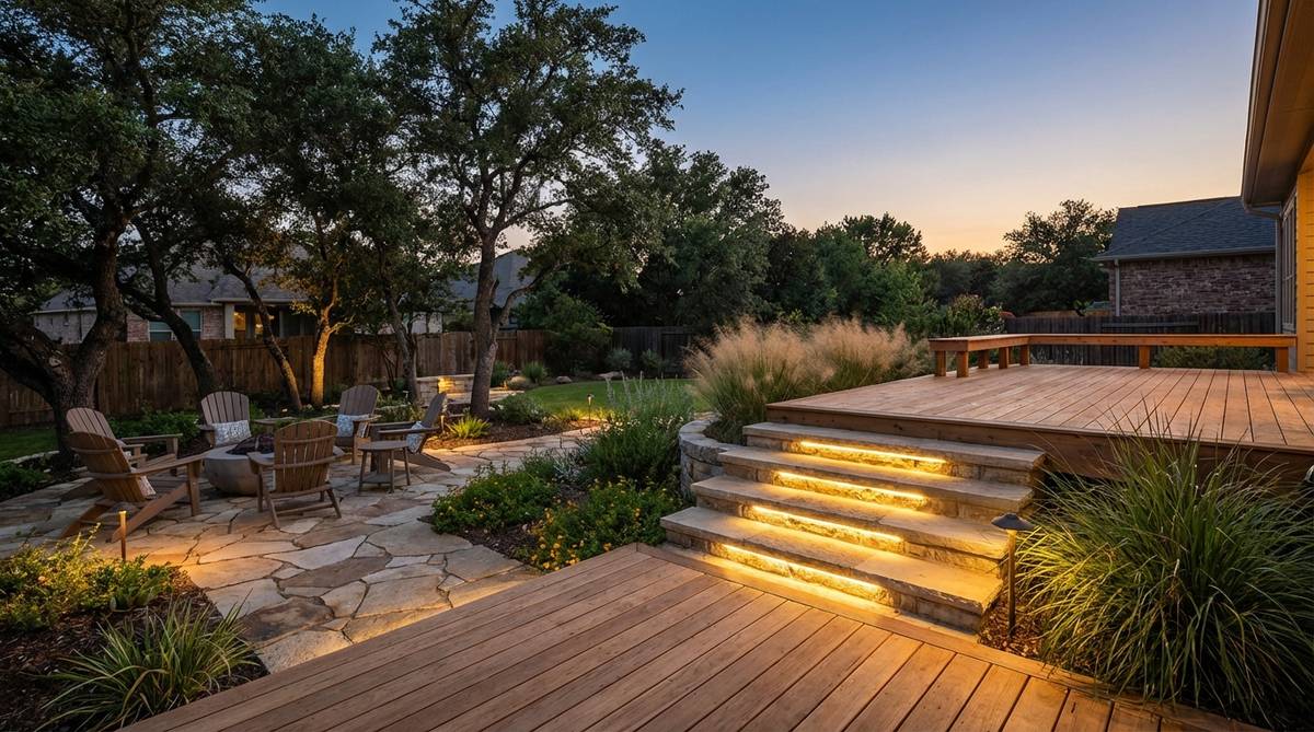 Low-voltage LED lights installed in step risers between deck levels, providing ambient evening lighting and enhancing safety with warm white illumination at 2700K color temperature.