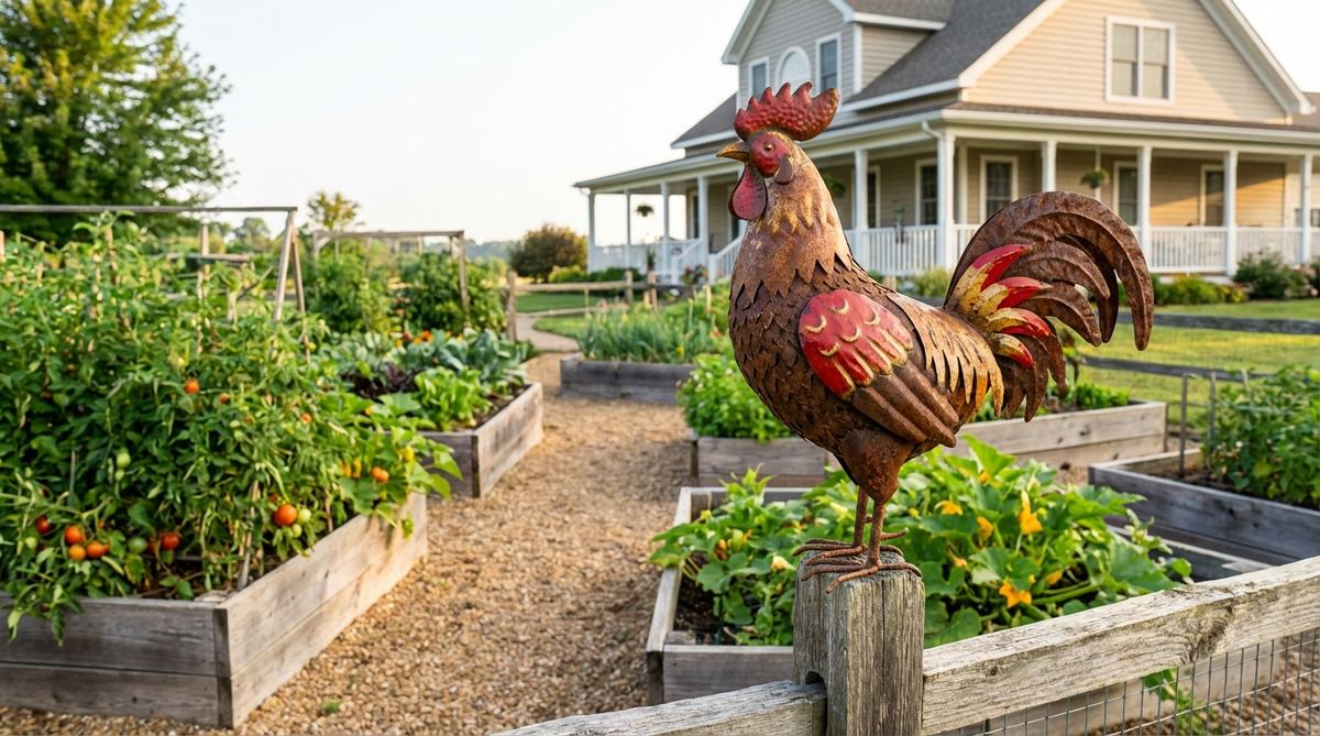 A vibrant metal rooster with a rust patina or bold red and gold coloring, mounted on a fence post or decorative stand in a garden setting, symbolizing dawn, vitality, and rural life, ideal for vegetable or kitchen gardens.