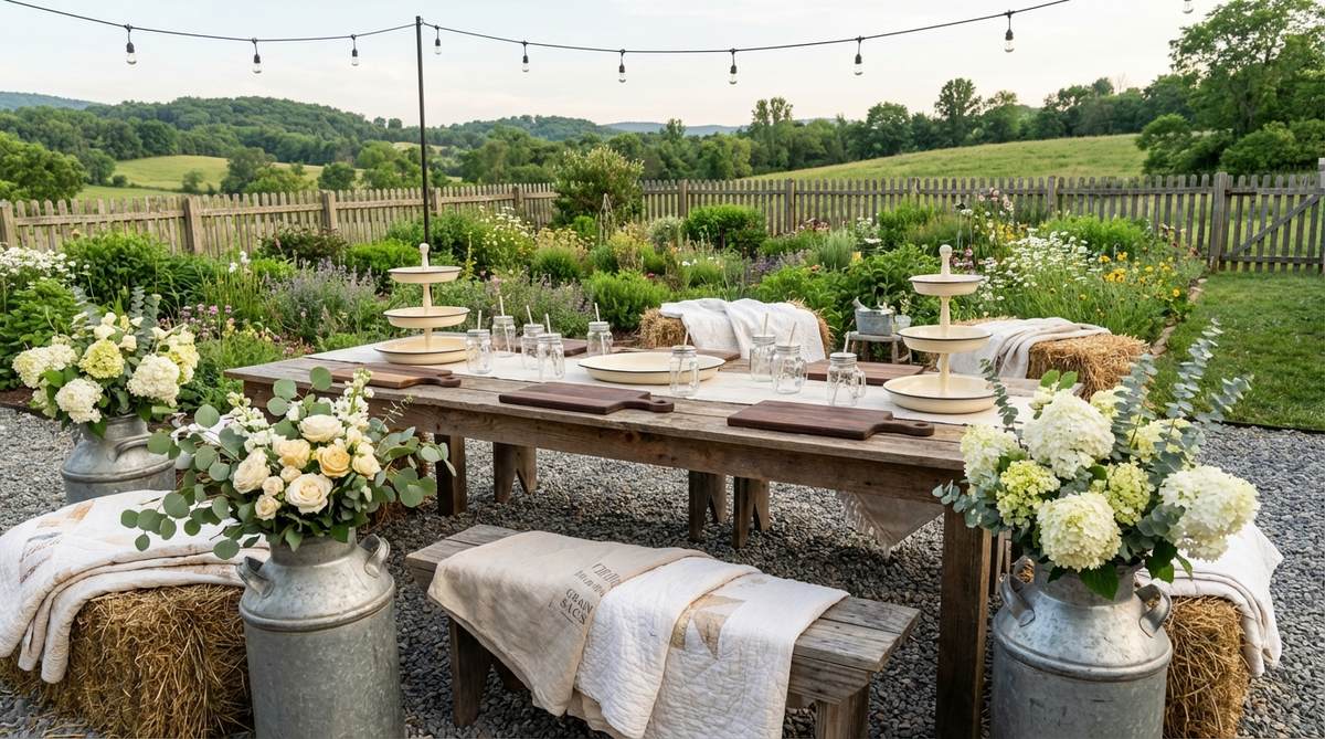 A rustic farmhouse garden party setup featuring vintage-inspired decor elements like mason jar drinking glasses, enamelware serving dishes, and reclaimed wood serving boards. Neutral color palettes of white, cream, and natural wood tones complement the garden setting, with metal milk cans used as tall floral vases and tables draped with vintage quilts or linen grain sacks.
