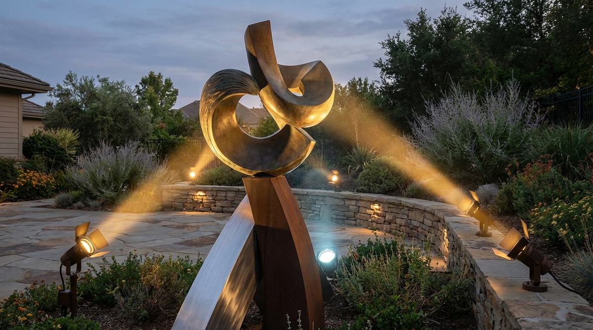 Narrow-beam outdoor spotlights with barn door accessories precisely illuminating a sculpture with controlled light, showing cross-lighting techniques to reduce shadows and highlight form complexity. The image demonstrates proper color temperature selection for different materials like bronze, stone, and contemporary metals.