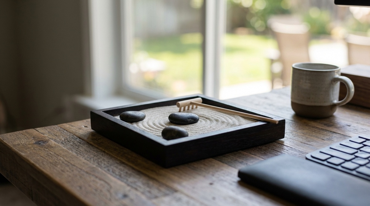 An ultra-compact 6x6-inch zen garden tray designed for tight desk spaces, featuring sand, three stones, and a mini rake. Perfect for quick meditation breaks on keyboard trays or monitor stands, with a self-contained design to prevent spillage and easy storage in desk drawers.