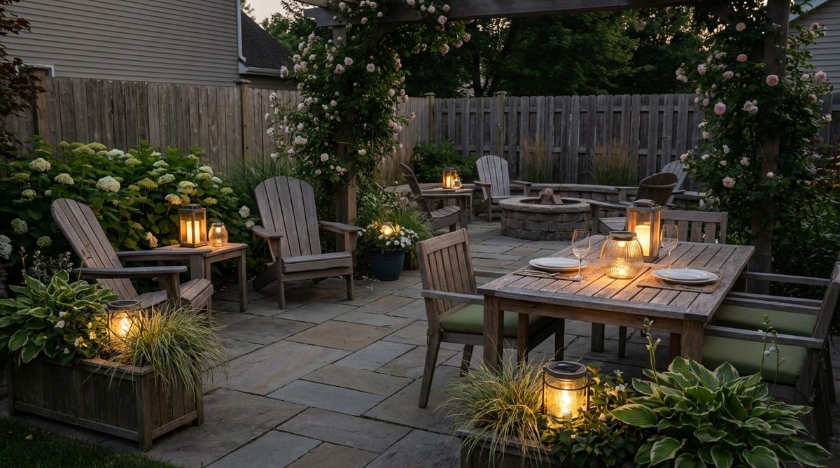 A small garden courtyard illuminated by portable solar lanterns placed on tables and among plantings, creating intimate zones with soft, flexible lighting without electrical infrastructure.