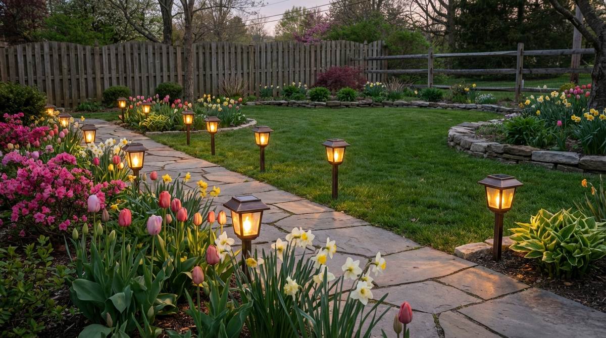 Bronze solar lanterns placed at intervals along a garden path in spring, providing warm LED illumination that mimics candlelight. The lanterns highlight floral plantings and create an inviting outdoor atmosphere for spring decor.