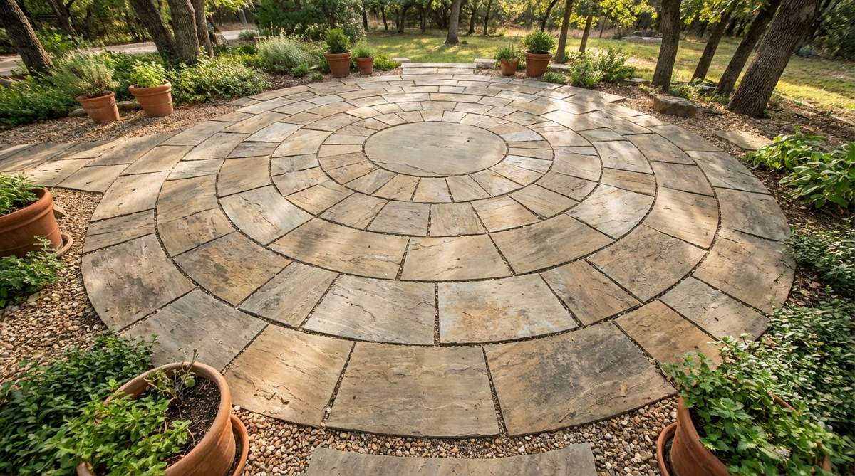 A close-up view of rectangular pavers arranged in a spiral configuration on a small garden patio, creating a mesmerizing focal point that draws the eye inward. The pattern begins from a circular center paver with subsequent rings gradually offsetting to create the turning effect, ideal for meditation patios or accent zones.