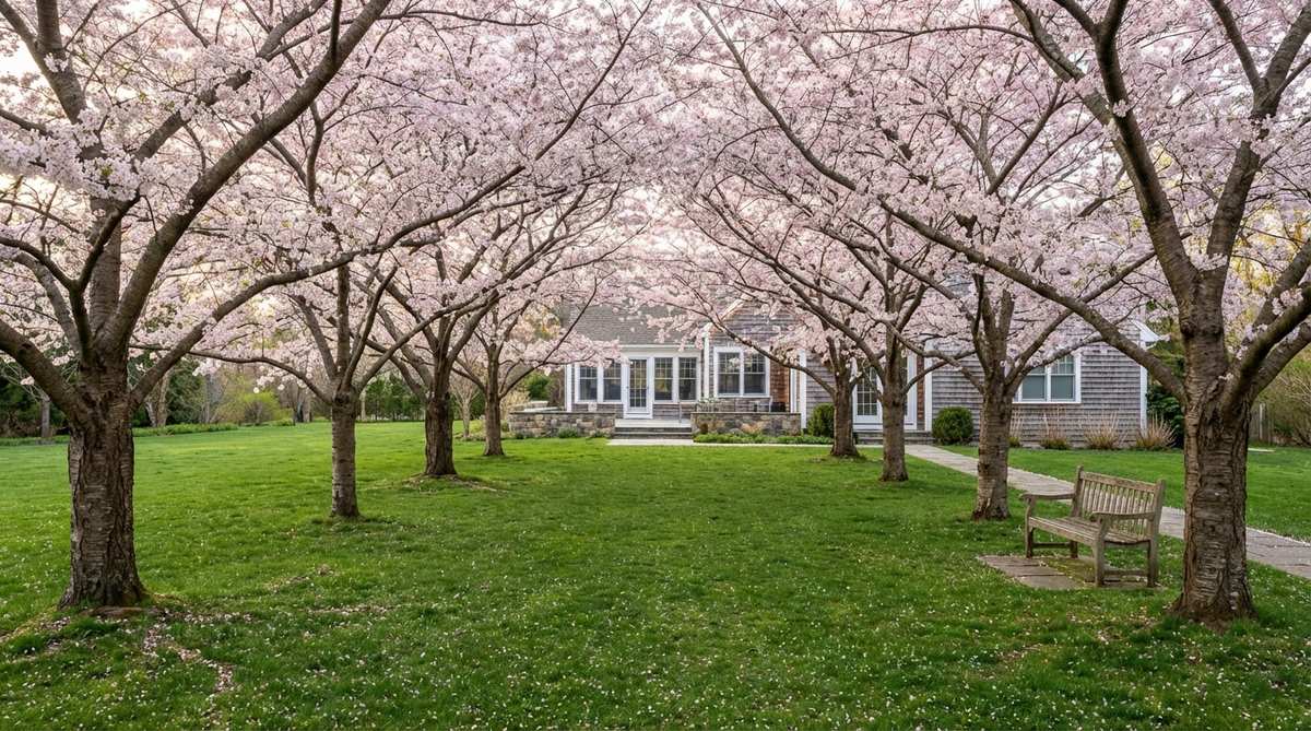 A level grass area beneath flowering cherry trees designed for hanami celebrations, featuring Yoshino or Kwanzan cherry varieties planted 20-25 feet apart to create a flowering canopy. The lawn provides space for blankets and guests during peak blossom season in March or April, positioned near the house for easy access and spontaneous appreciation of falling petals.