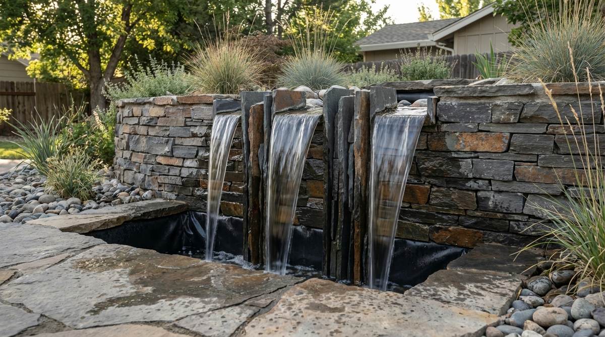 A close-up view of a stacked slate weir in a stone garden, featuring vertically arranged slate pieces creating thin water walls. Water flows smoothly down the flat surfaces, forming glassy curtains and producing gentle, soothing sounds. The design includes a waterproof membrane backing to direct the flow, making it ideal for small urban gardens with limited horizontal space.