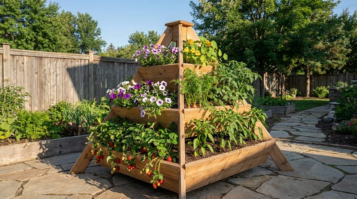 A pyramid-style stacked tiered planter with multiple levels for vertical gardening in raised beds, ideal for small patios, featuring trailing strawberries, cascading flowers, and vegetables with deep roots.
