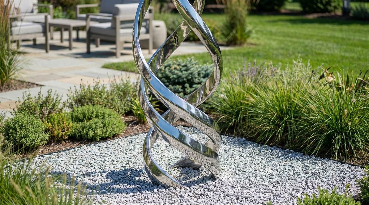 A modern garden statue featuring polished stainless steel spirals that twist upward, catching light along their edges. Ideal for contemporary landscapes, it can be positioned as a standalone piece in gravel beds or grouped in mixed borders, with heights ranging from 3 to 6 feet. The reflective surface creates dynamic visual effects as sunlight shifts, requiring minimal maintenance beyond occasional cleaning.