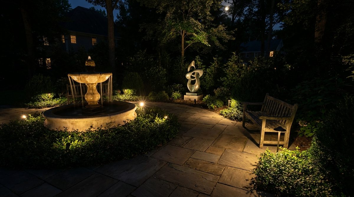 Directional spotlights illuminating garden sculptures, fountains, and decorative elements at night. The concentrated beams create focal points by separating featured objects from surrounding darkness. Proper positioning at 30-45 degree angles prevents unflattering shadows on three-dimensional forms.