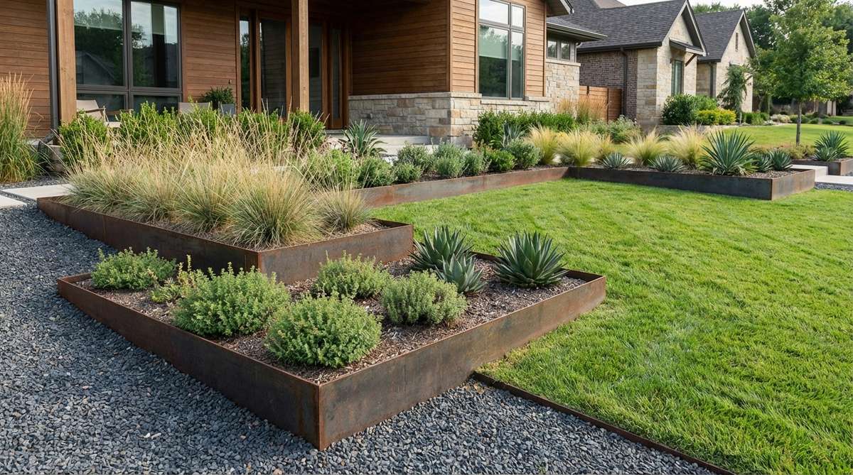 A contemporary front yard garden featuring steel-edged planting beds with crisp, durable borders made from Cor-ten steel or powder-coated aluminum. The metal edges define clean planting zones against gravel or turf surfaces, showcasing industrial character and structural rigidity suitable for modern architecture.