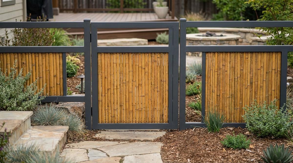 A contemporary Japanese garden gate featuring a powder-coated steel frame with natural bamboo infill panels. The durable steel structure supports organic bamboo elements, creating a material contrast that blends modern durability with traditional aesthetics. This hybrid construction offers longevity while maintaining the natural appearance of bamboo.