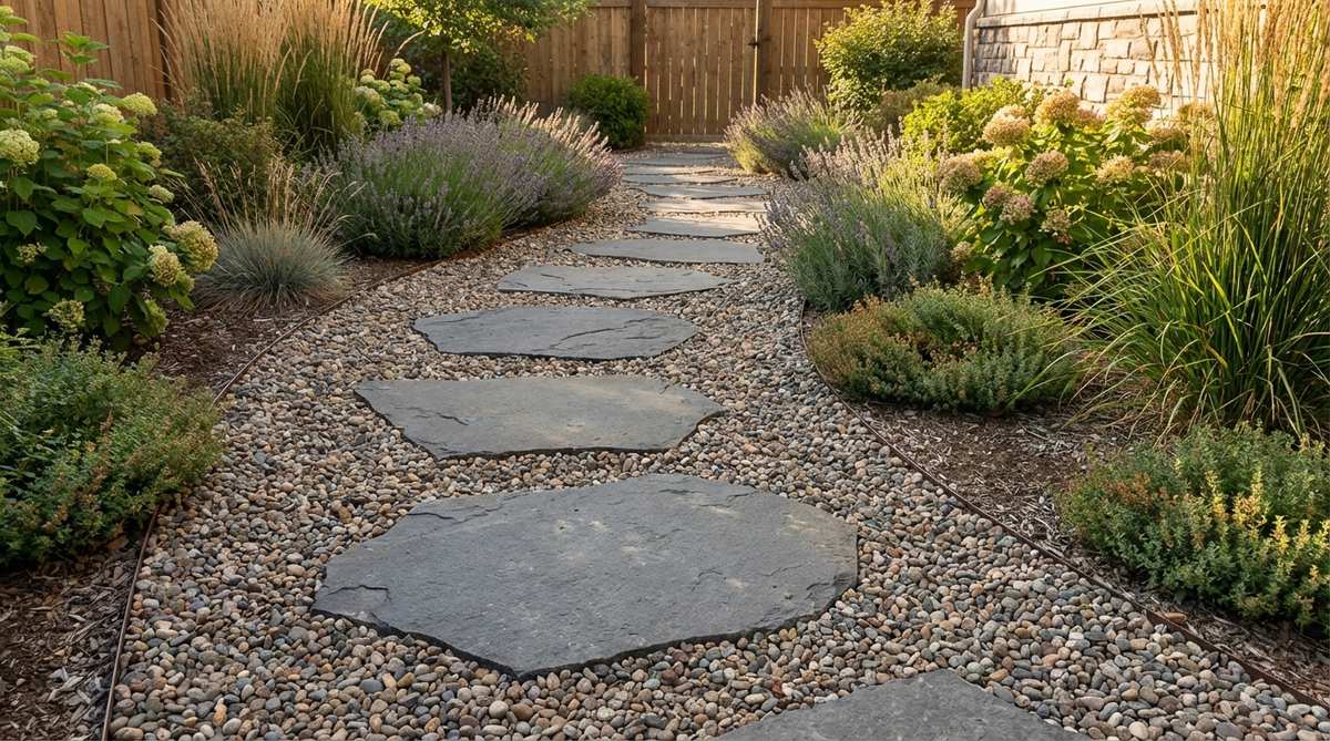A garden pathway featuring large flat stepping stones embedded in a gravel bed, spaced 18-24 inches apart for comfortable walking. The stones are set flush with the gravel surface to prevent tripping hazards, with contrasting texture and color for clear path definition in a cohesive garden design.