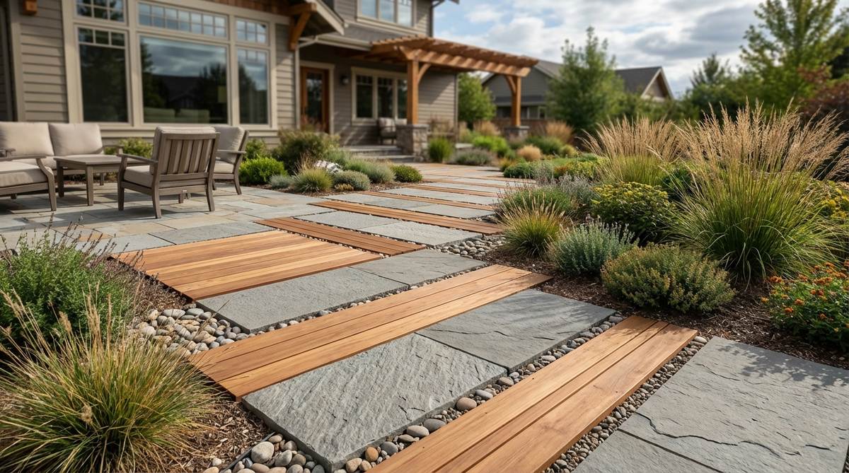 A contemporary garden pathway featuring alternating stone slabs and wood decking, creating a textural rhythm. This design is ideal for transitional zones between formal patios and natural garden areas, using rot-resistant wood like cedar or ipe to match stone's durability. The wood adds warmer tones and tactile variety, suited for modern landscapes emphasizing material diversity, with gaps maintained for expansion and drainage.