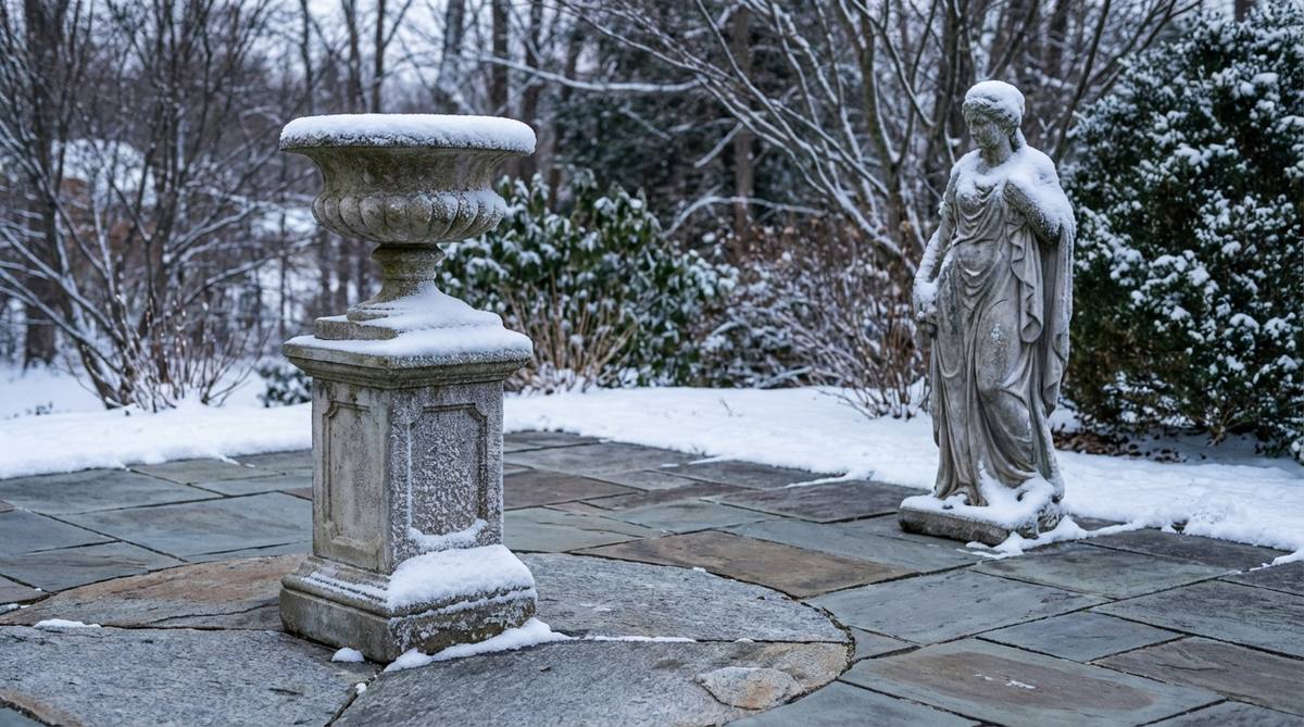 A classical stone urn and statue covered in snow and frost, showcasing their romantic winter appearance, with granite and sealed softer stones positioned on a level, well-drained surface to withstand freeze-thaw cycles.