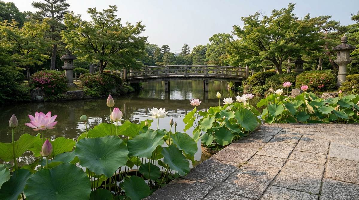 A detailed sequence showing lotus flowers blooming at different stages from early June through September in a Japanese garden pond. Early-blooming cultivars open in mid-June, followed by mid-season types in July, and late varieties finishing in late August, ensuring constant bloom presence throughout the peak viewing season.