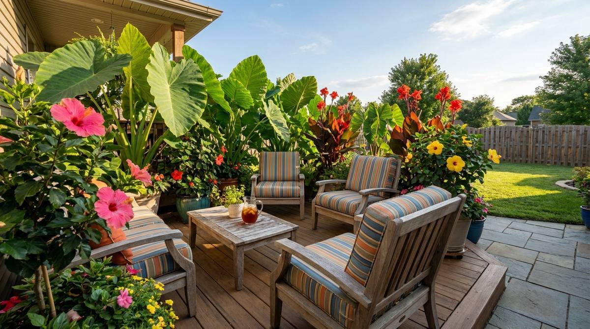 A lush outdoor porch decorated with tropical plants like elephant ears, cannas, and hibiscus, featuring bold leaves and vibrant flowers that coordinate with outdoor cushion fabrics. The plants thrive in full sun and high temperatures, creating a summer retreat ideal for warm climates.