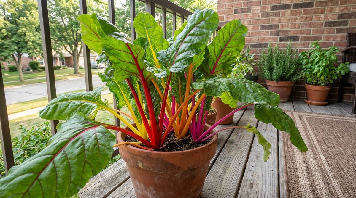 A vibrant Swiss chard plant growing in a container on a balcony, showcasing its colorful stems in red, yellow, orange, and pink, with lush green leaves, illustrating its dual role as an edible and ornamental plant for urban gardening.