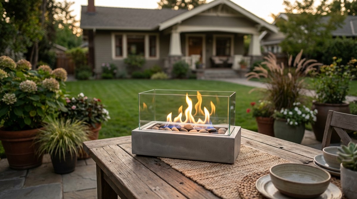 A small bioethanol tabletop fireplace serving as an outdoor dining table centerpiece, featuring decorative stones or minerals in its base with clean-burning real flames that create ambiance without significant heat production.