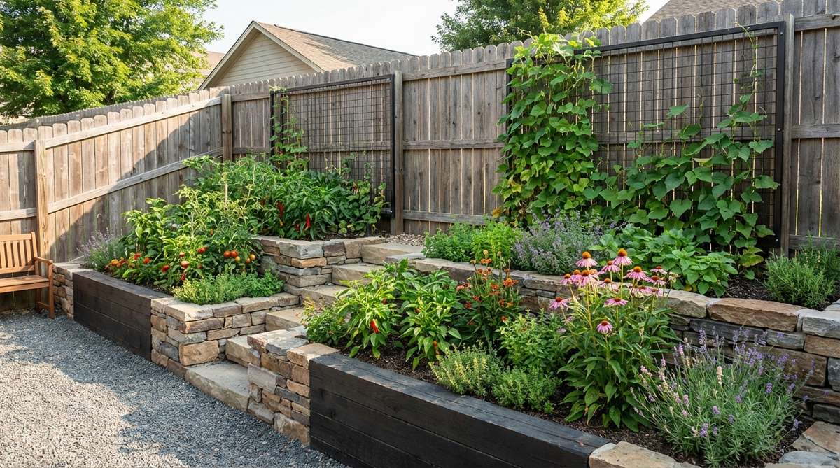 A modern garden bed design featuring tiered planting levels cascading against a boundary fence. The terraced structure creates multiple growing zones with stepped heights of 12-18 inches, optimizing sunlight exposure and vertical space along property lines. Trellis netting attached to the fence provides additional climbing support for plants.