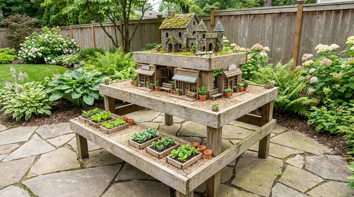 A multi-tiered plant stand or cake stand transformed into a miniature village with distinct neighborhoods at different elevations. The top tier features an elevated estate or castle overlooking lower areas, the middle tier displays main street shops, and the bottom level showcases farm or garden plots. This vertical design creates clear zoning while maintaining visual connections between levels, allowing simultaneous viewing of multiple miniature gardens in a compact footprint.