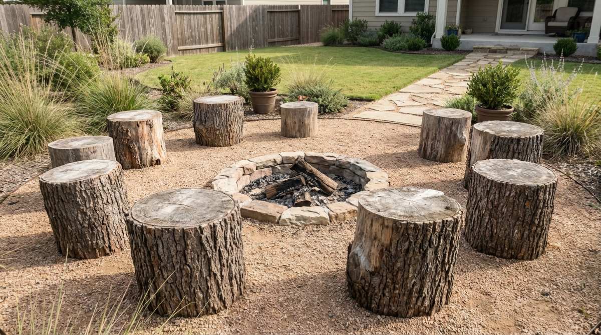 A rustic garden seating arrangement featuring large tree stumps arranged in a circular pattern around a fire ring or central garden feature. The natural wood stumps with intact bark create informal seating with varying heights for visual interest and comfort. This sustainable garden decor element encourages social gatherings while showcasing the unique character of each tree stump.