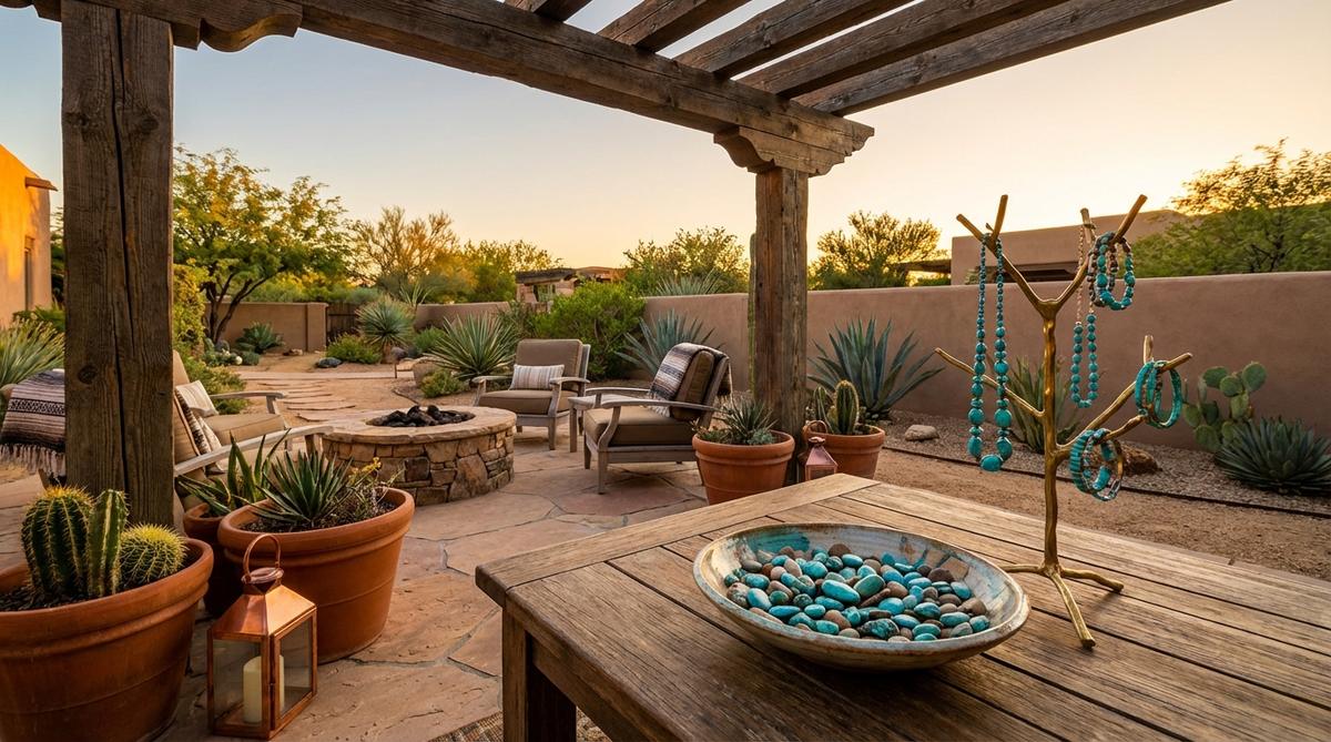 Polished turquoise stones displayed in decorative bowls or incorporated into jewelry trees, showcasing signature southwestern blue-green tones that pop against earthy backgrounds. Perfect for coffee tables or bathroom vanities, paired with raw brass or copper for metallic contrast in western boho decor.