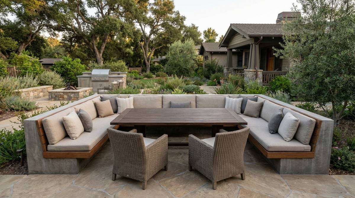 A contemporary garden table and chairs setup featuring a U-shaped built-in banquette with cushions and pillows, surrounding a central table for efficient and intimate outdoor dining.