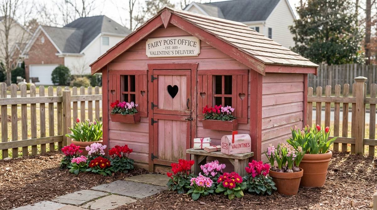 A miniature garden shed with heart-shaped window cutouts and romantic pink or red paint finishes, designed as a Valentine's Day post office for fairy mail carriers to deliver love letters and valentines. Perfect for creating photo-worthy garden vignettes with red and pink flowers or forced early bulbs.