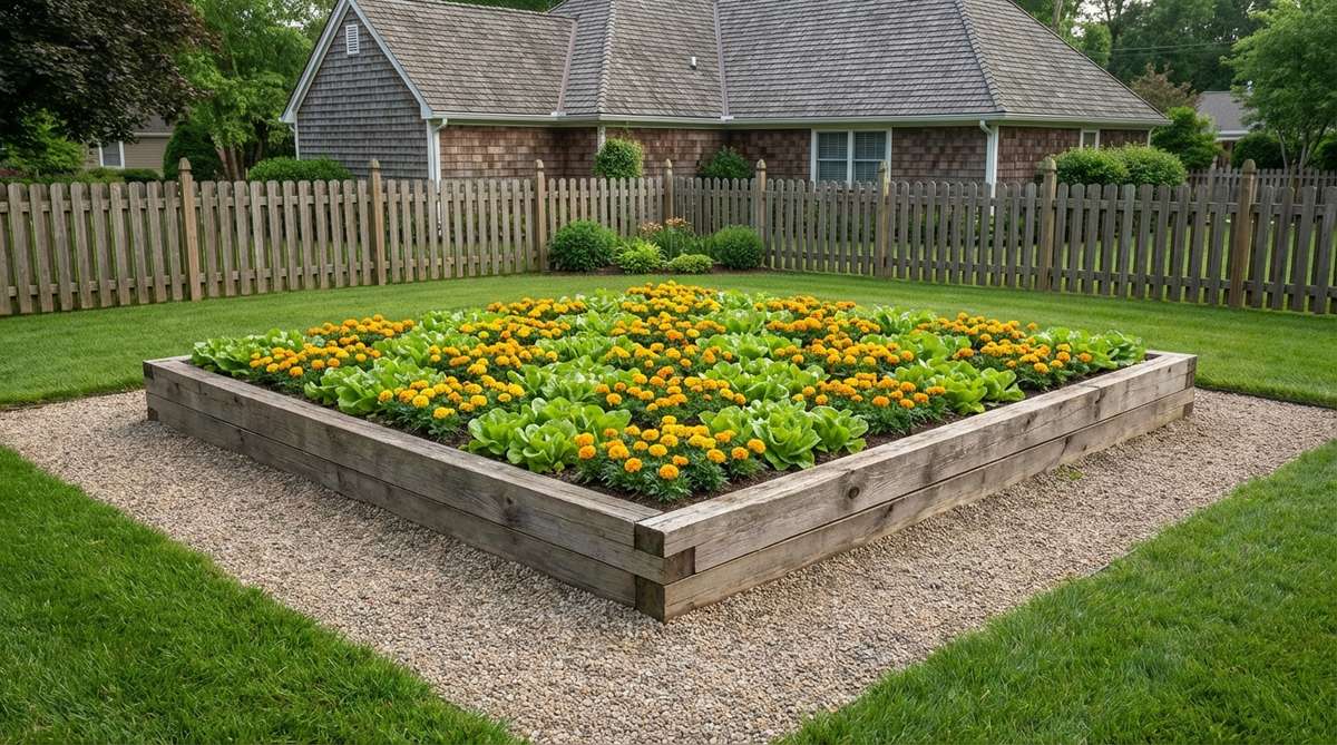 A square raised bed with a playful checkerboard pattern alternating vegetables and low-growing flowers like marigolds or calendula, designed for small gardens to blend edible landscaping with visual appeal.